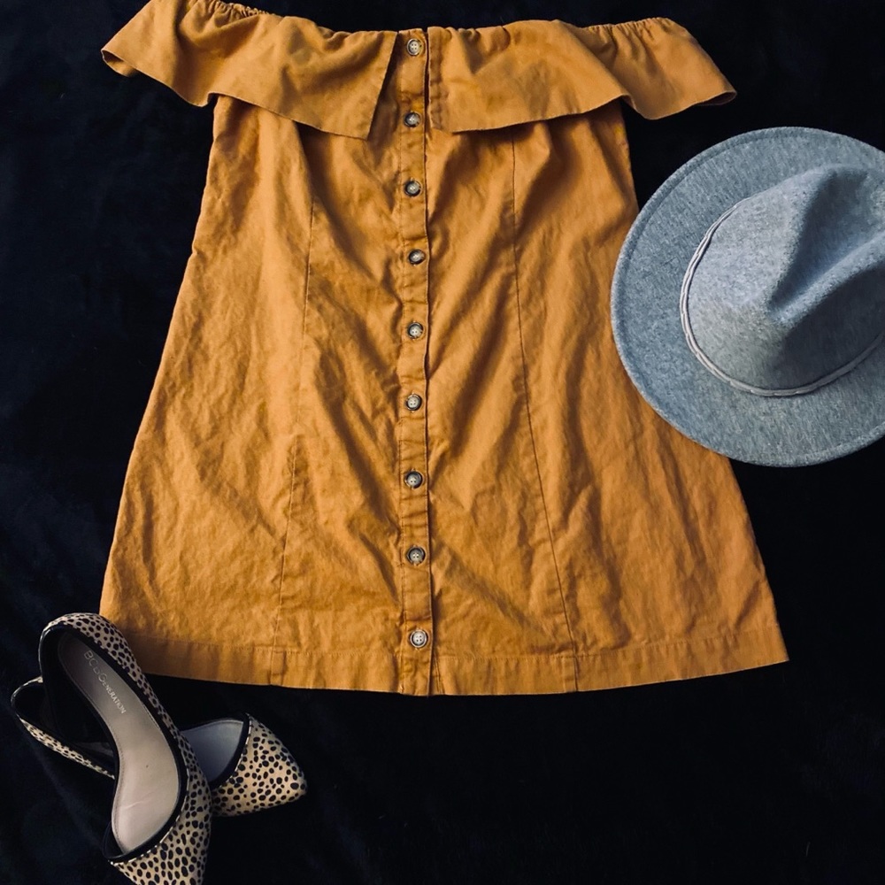 Golden Tan, Dress with off the shoulder strap.